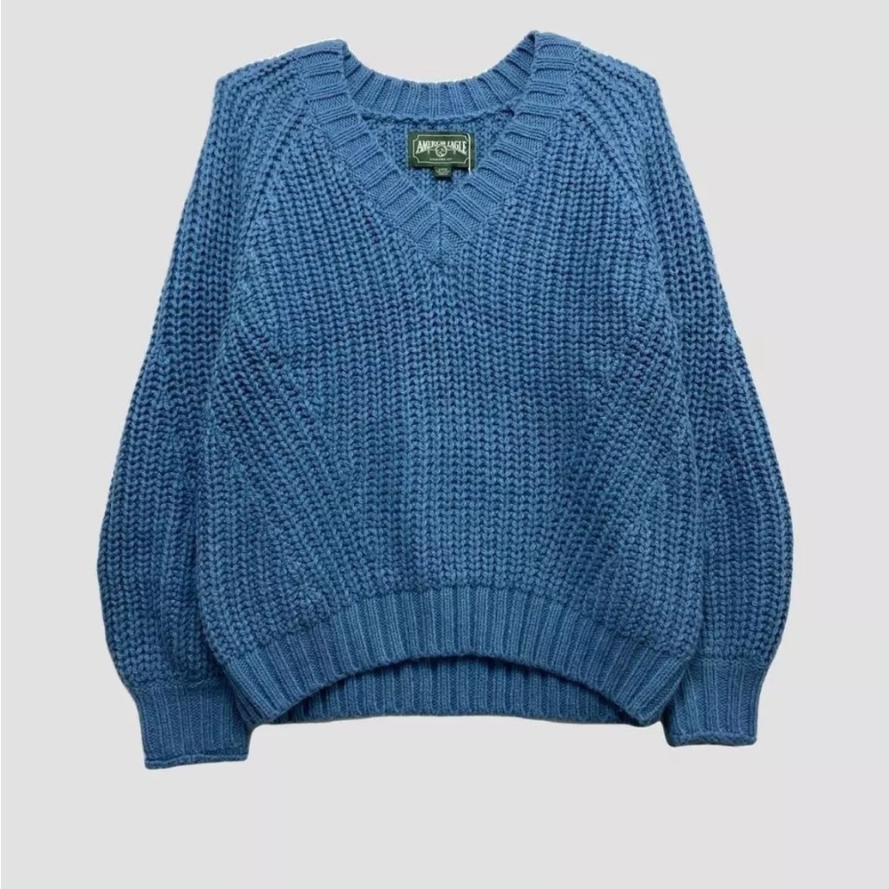 American Eagle Chunky Knit Sweater Blue Oversized V-Neck Size L Cozy